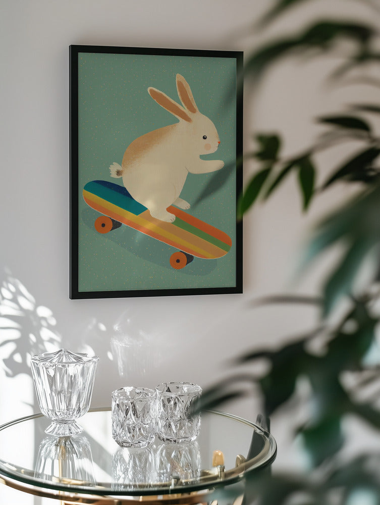 Playful Bunny Skater Action Metal Wall Art