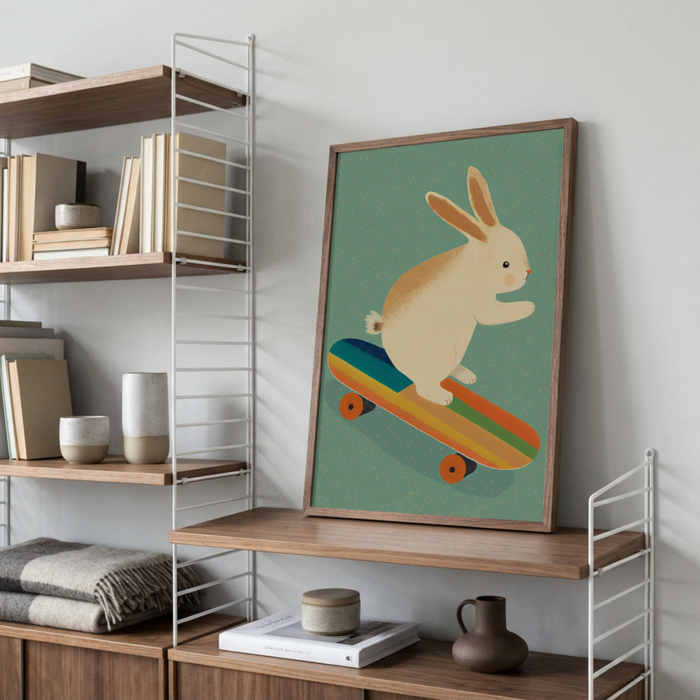 Playful Bunny Skater Action Metal Wall Art