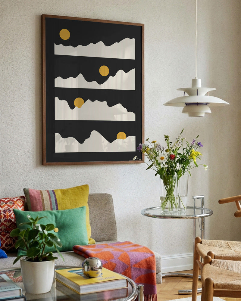 "Golden Horizon: Abstract Mountain and Sun Metal Wall Art"