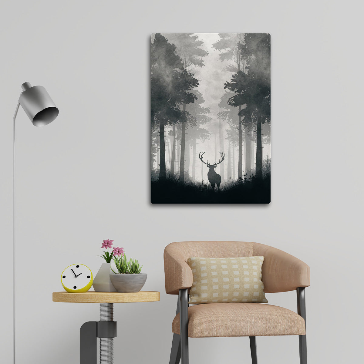“Whispers of the Wild” – Deer in Misty Forest Metal Wall Art