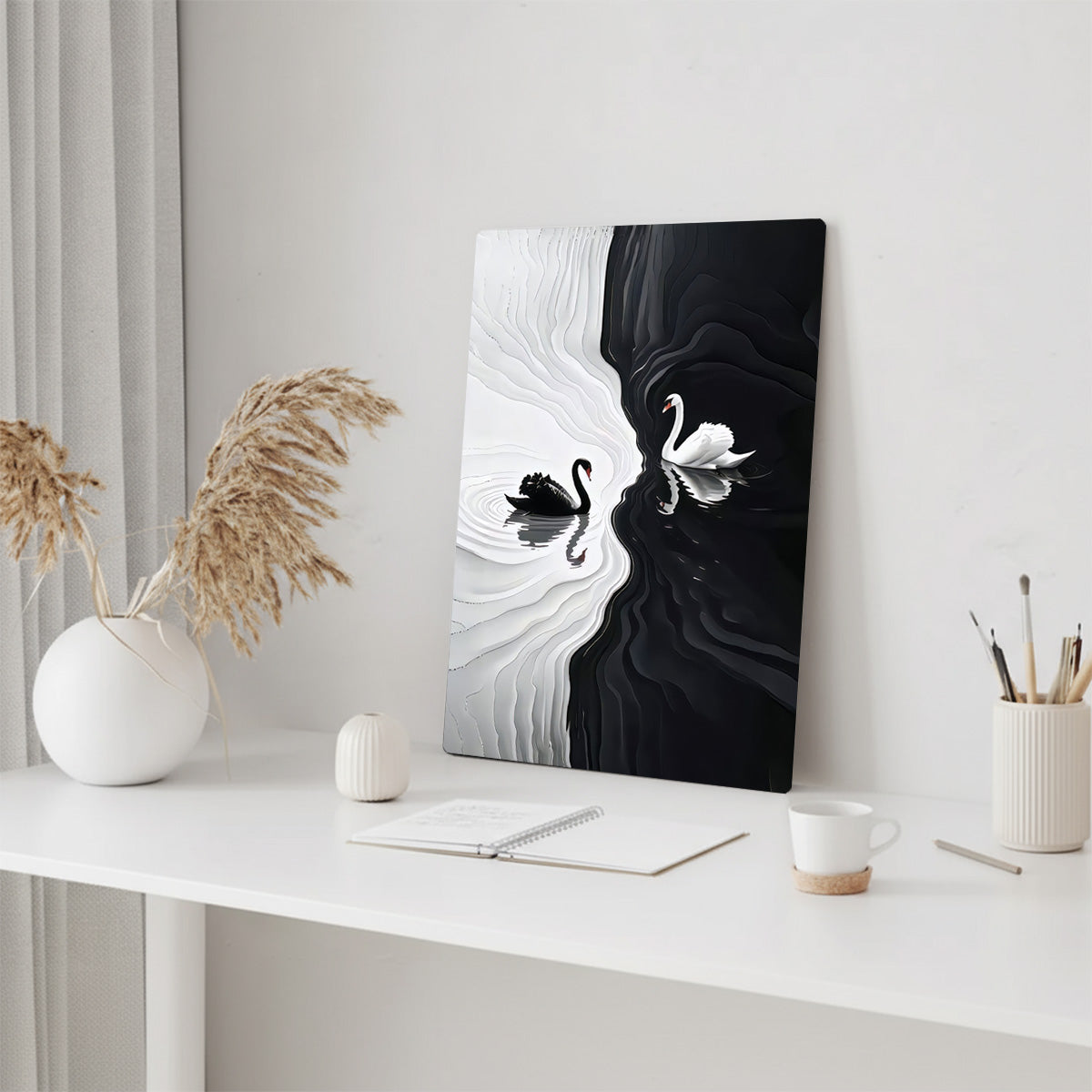 “Yin & Yang Swans” – Black and White Harmony Metal Wall Art
