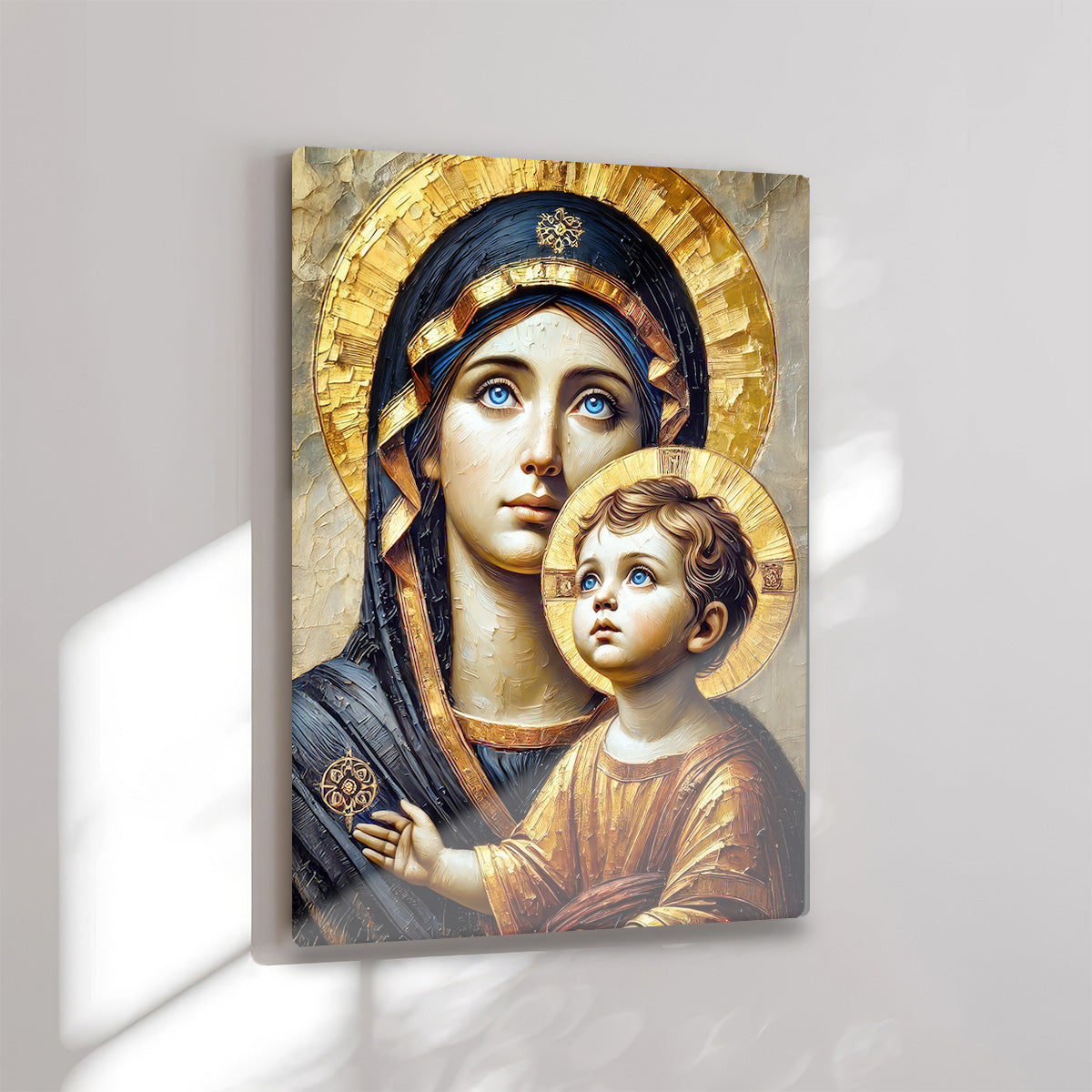 Golden Devotion – Mother Mary & Child Jesus Metal Wall Art