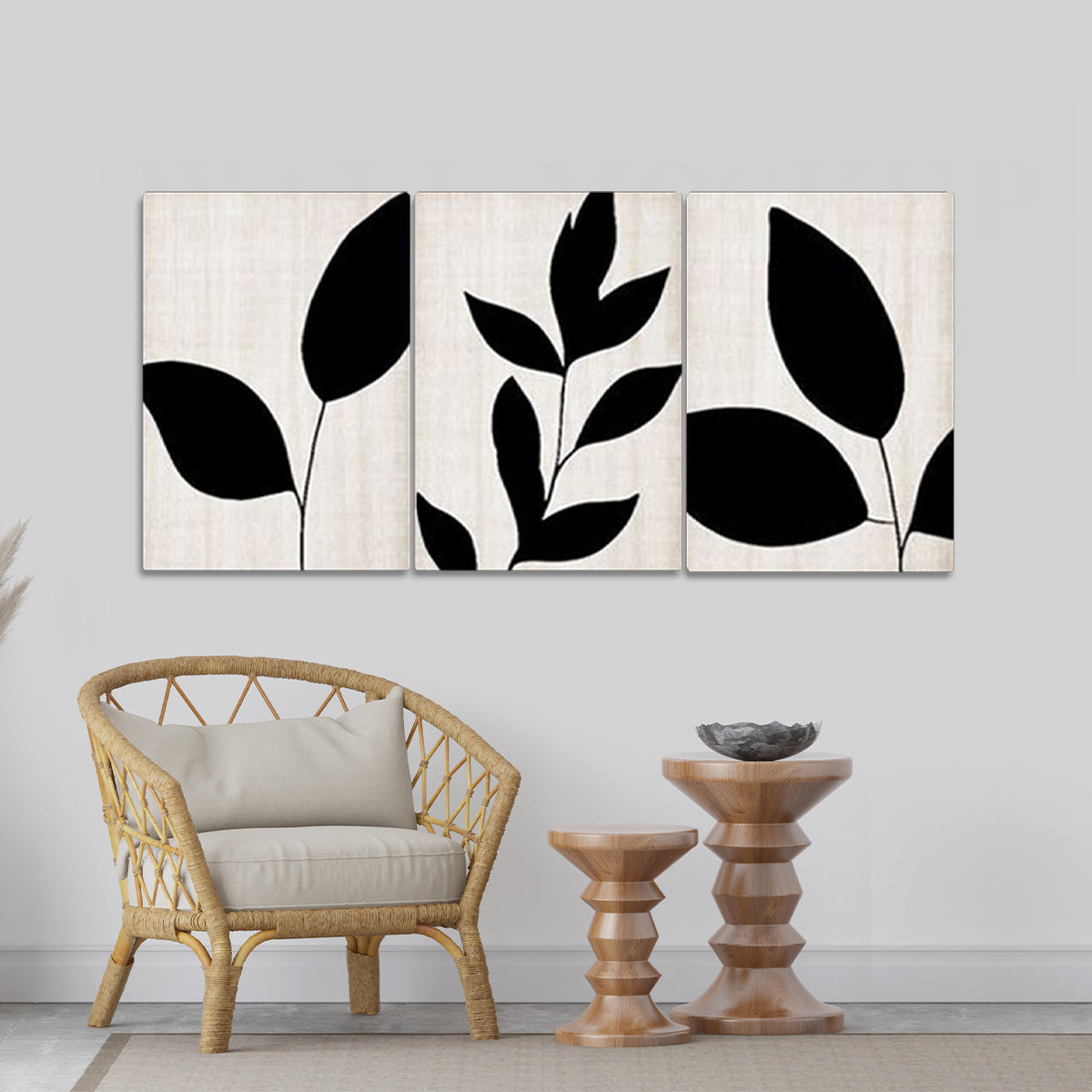 "Monochrome Serenity" – 3-Panel Abstract Floral Metal Wall Art