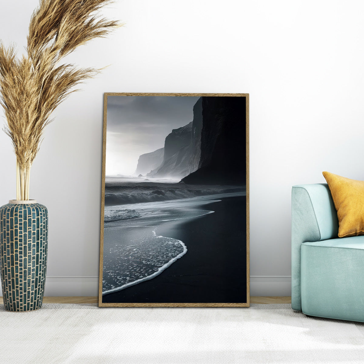 “Echoes of the Coast” – Misty Cliffside Beach Metal Wall Art