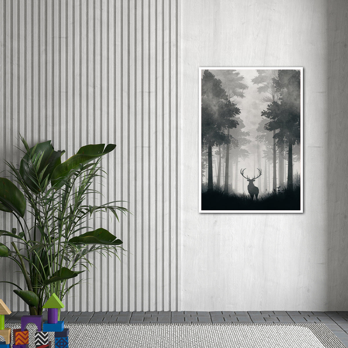 “Whispers of the Wild” – Deer in Misty Forest Metal Wall Art