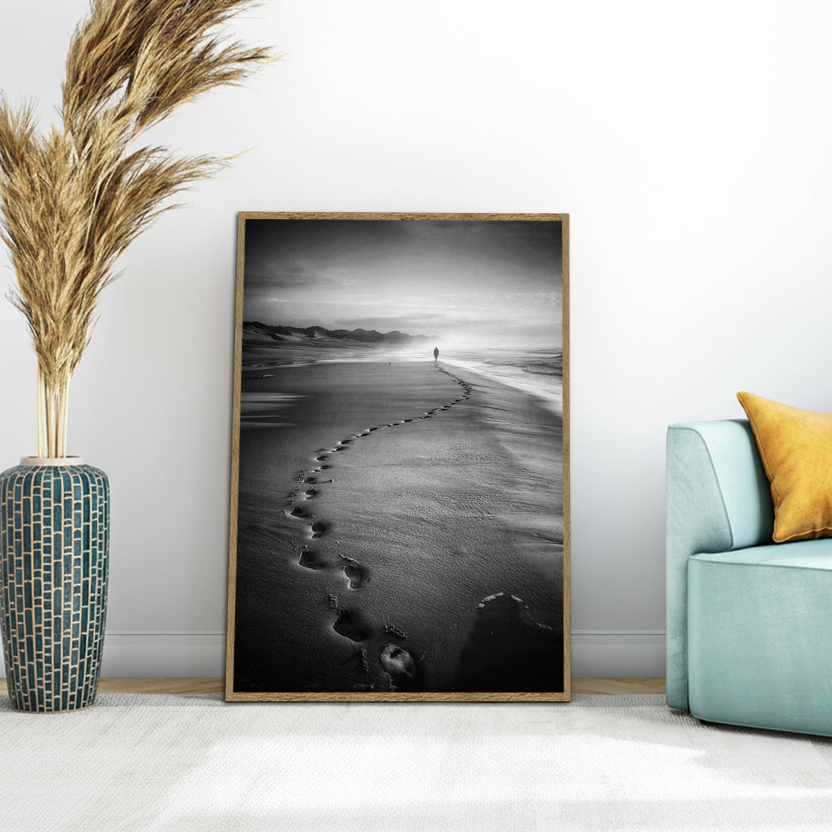 “Footprints in Time” – Black & White Beach Metal Wall Art
