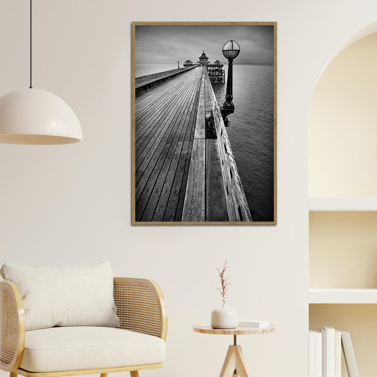 “Path to Serenity” – Coastal Pier Black & White Travel Metal Wall Art