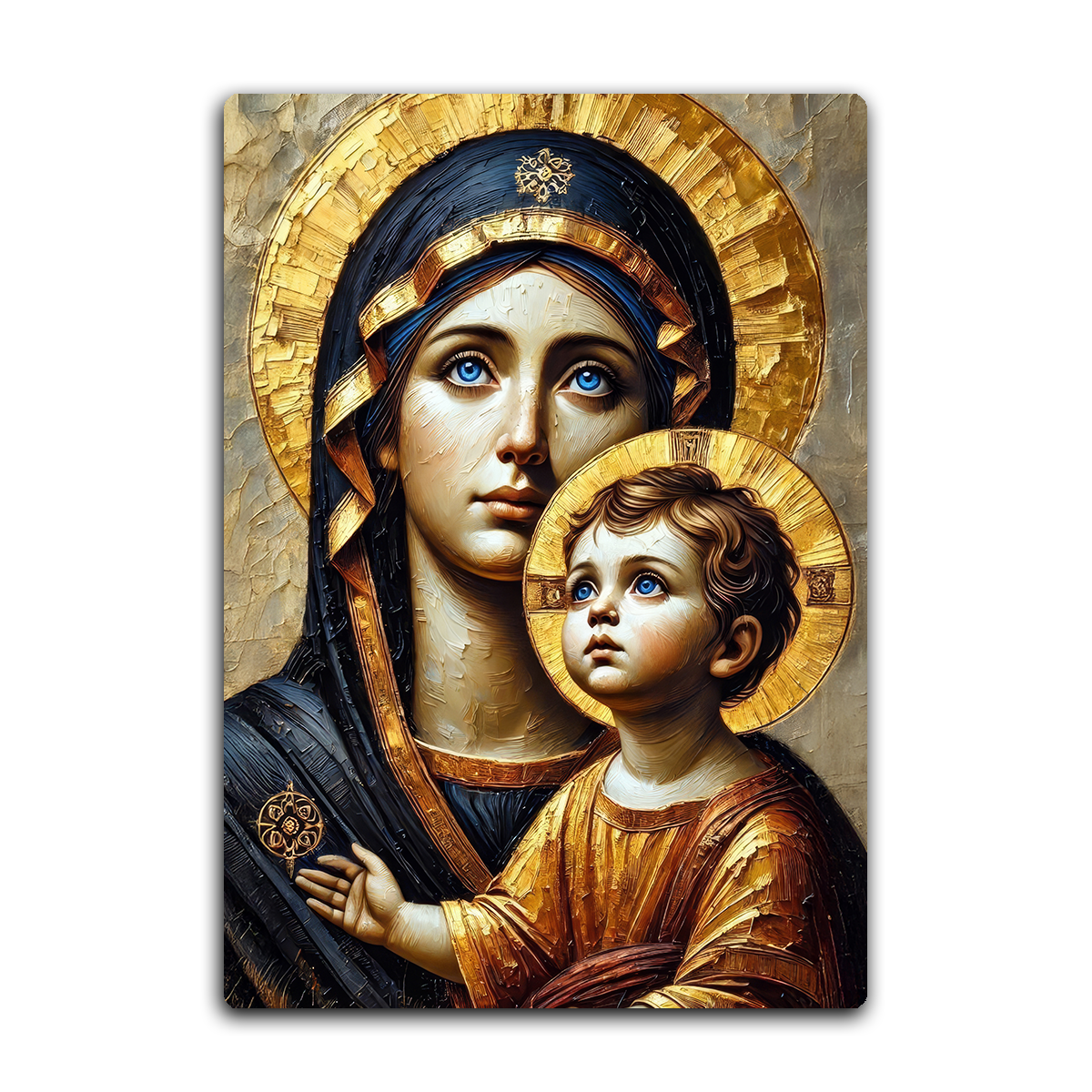 Golden Devotion – Mother Mary & Child Jesus Metal Wall Art