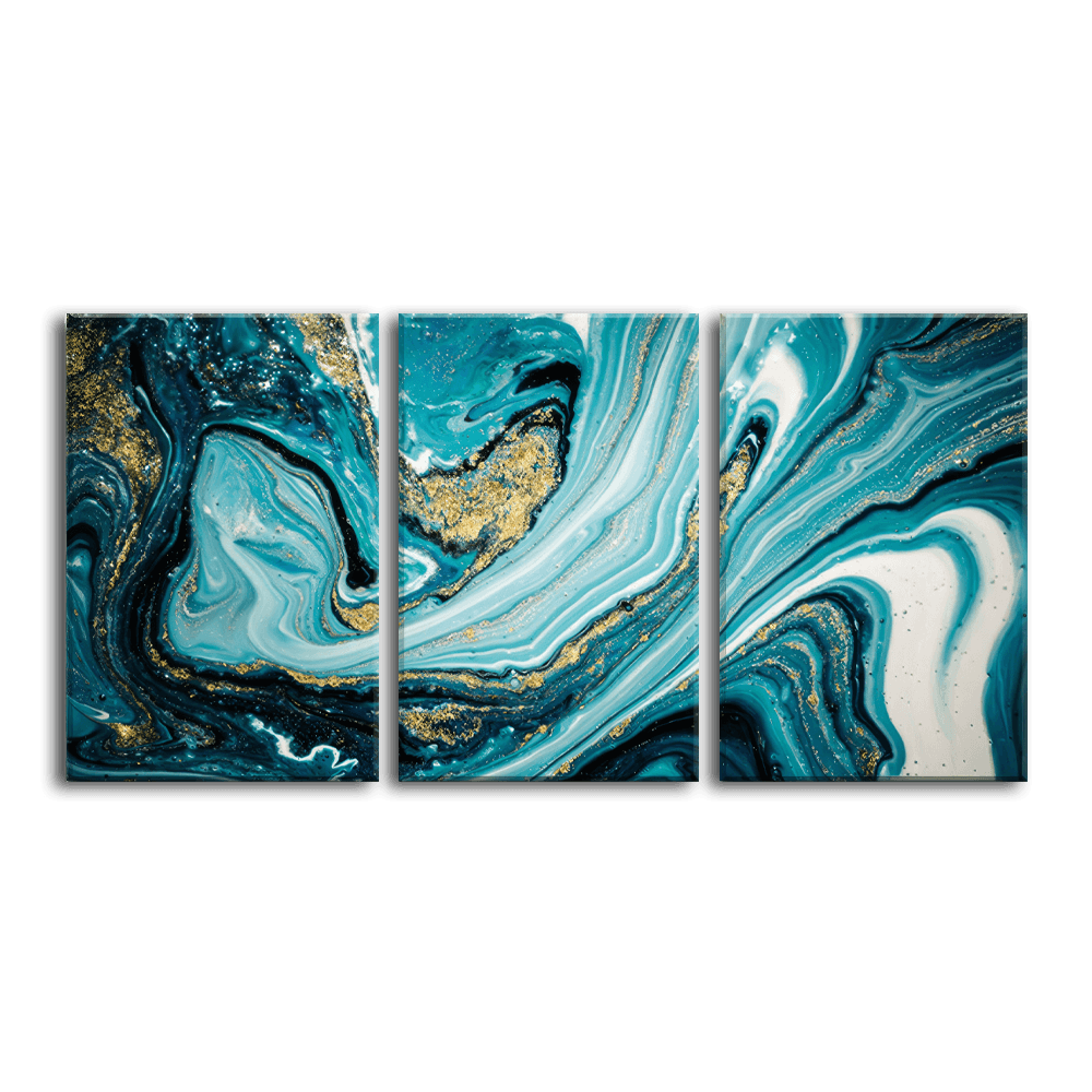 Fluid Art Swirls - Blue and Gold - 3Panel.