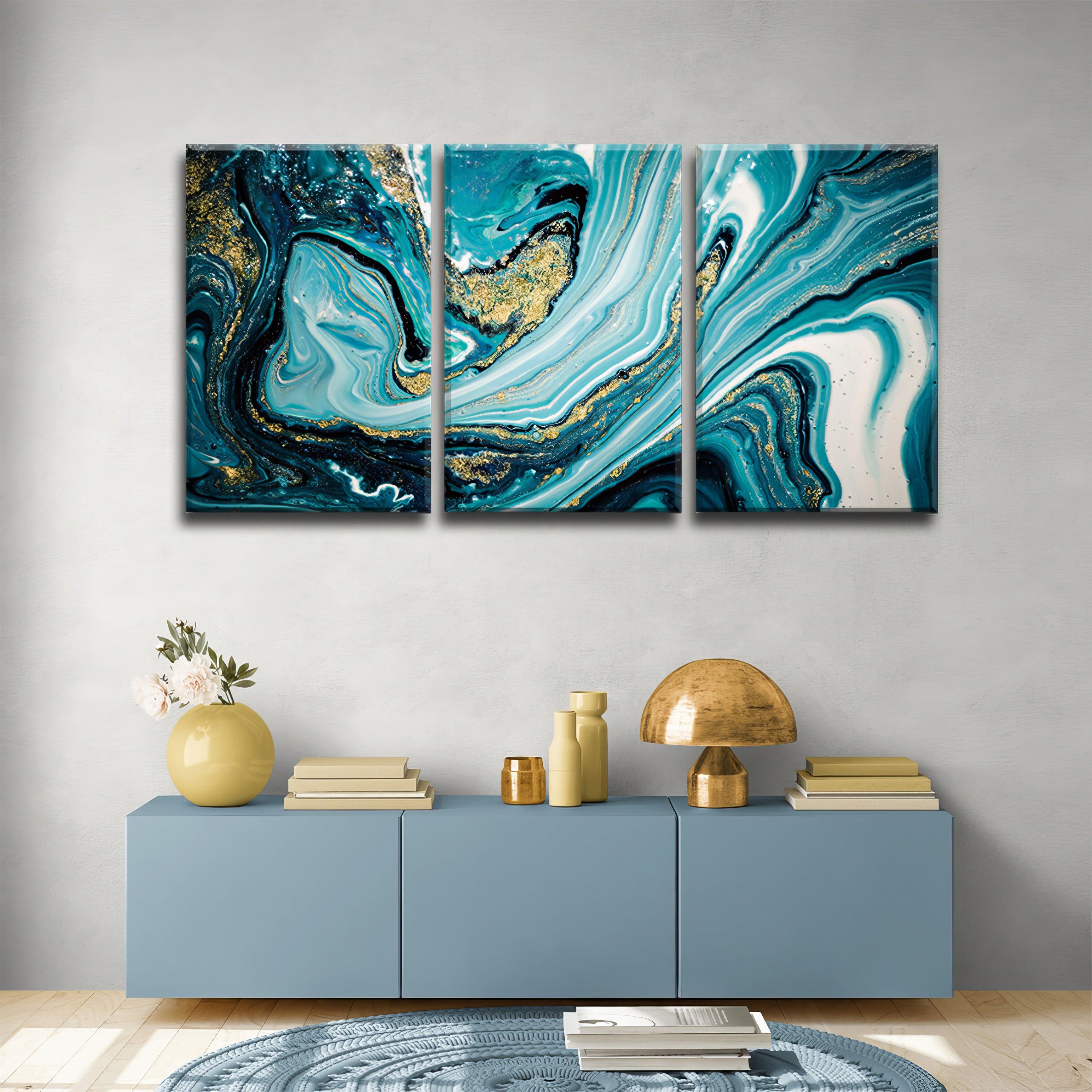 Fluid Art Swirls - Blue and Gold - 3Panel.