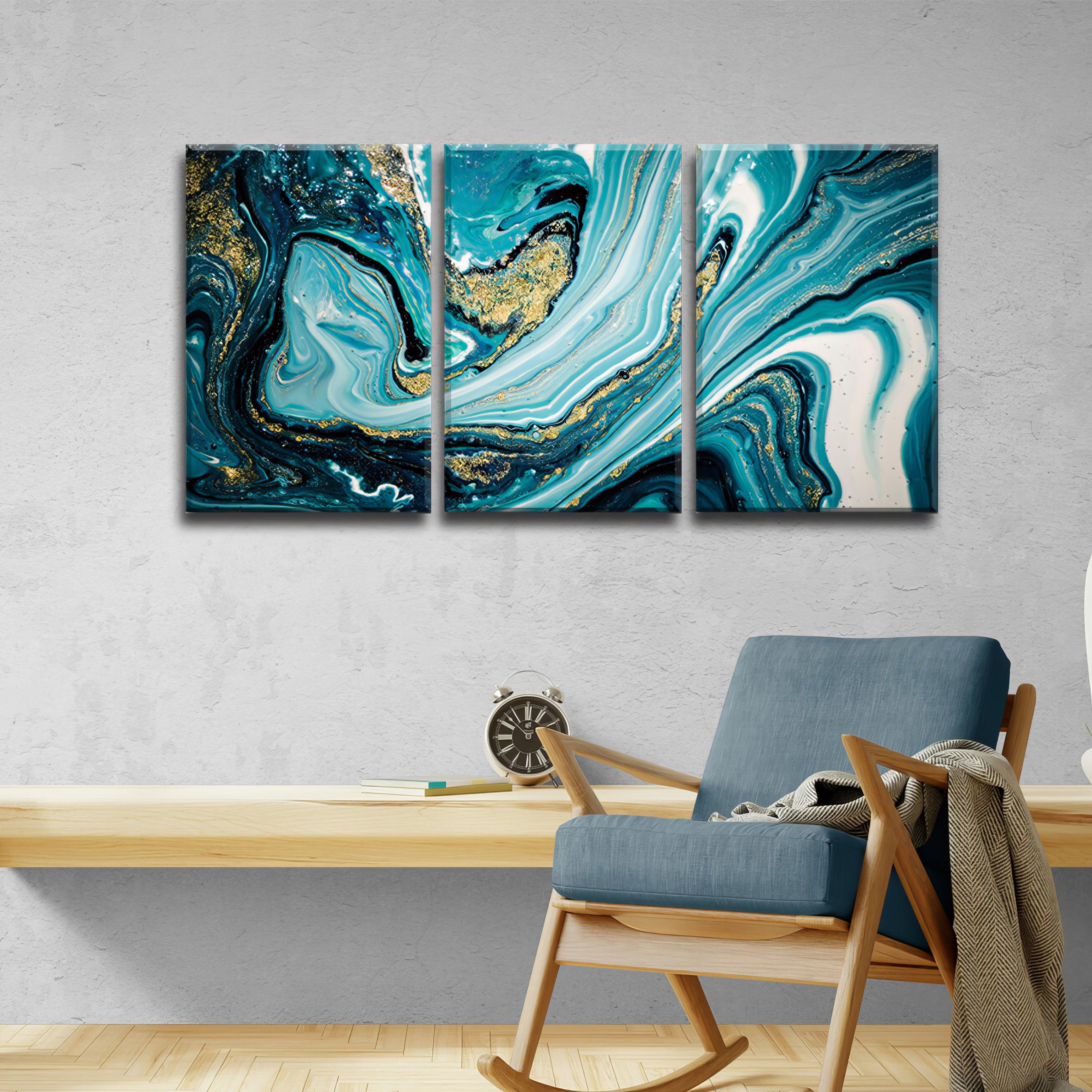 Fluid Art Swirls - Blue and Gold - 3Panel.
