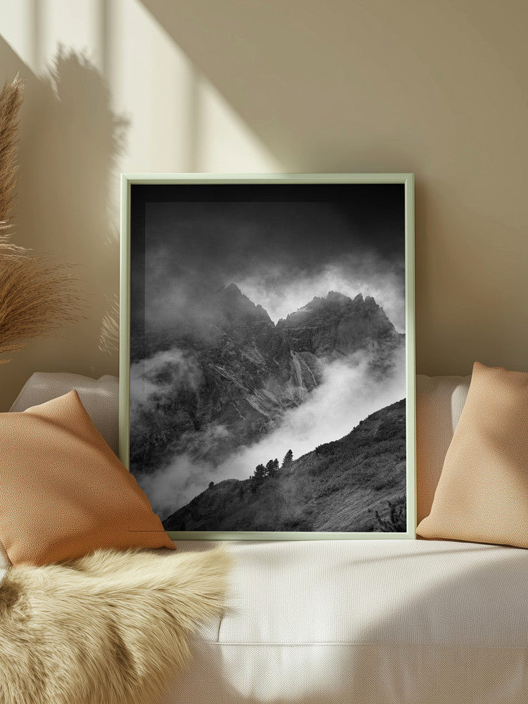 Mystic Mountain Fog Black & White Metal Wall Art