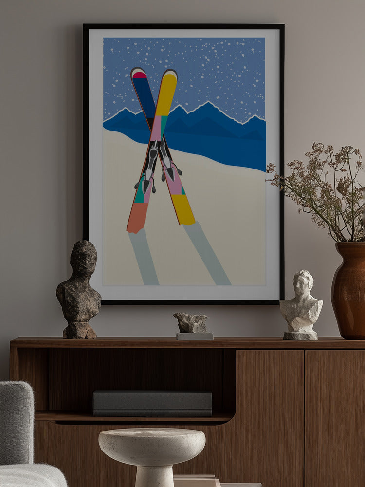 Colorful Mountain Ski Adventure Metal Wall Art