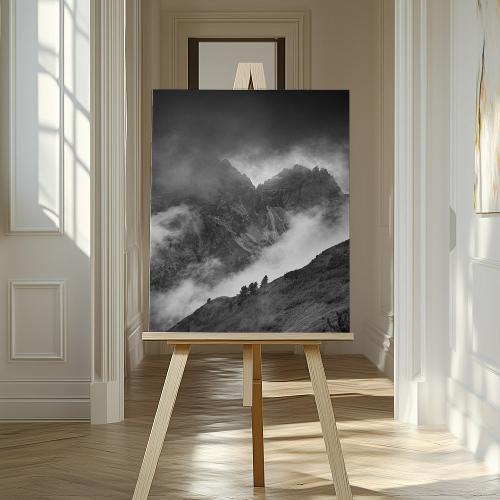 Mystic Mountain Fog Black & White Metal Wall Art