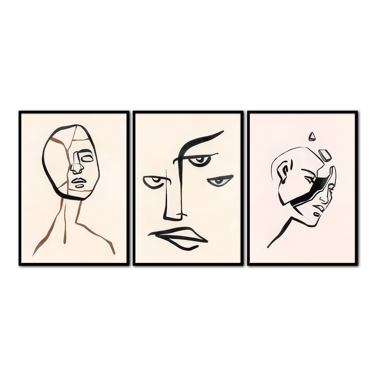 “Fractured Faces” – 3-Panel Abstract Line  Metal Wall Art