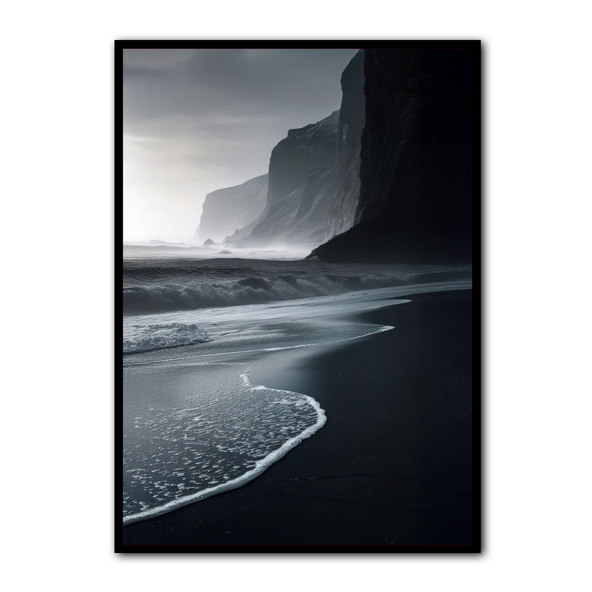“Echoes of the Coast” – Misty Cliffside Beach Metal  Wall Art