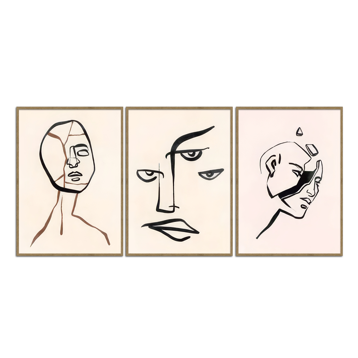 “Fractured Faces” – 3-Panel Abstract Line  Metal Wall Art