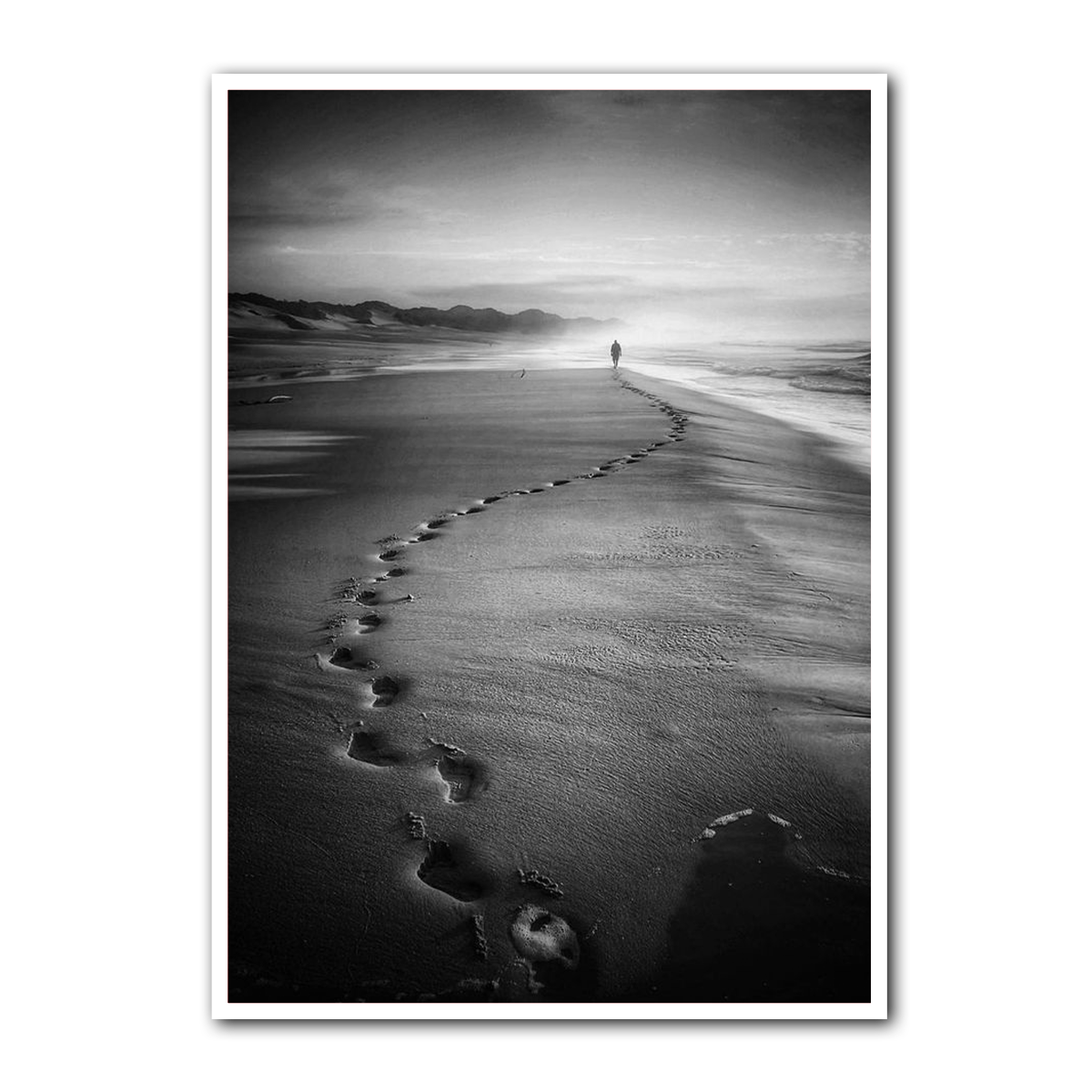 “Footprints in Time” – Black & White Beach Metal  Wall Art