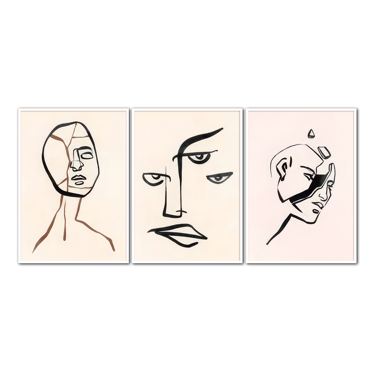 “Fractured Faces” – 3-Panel Abstract Line  Metal Wall Art