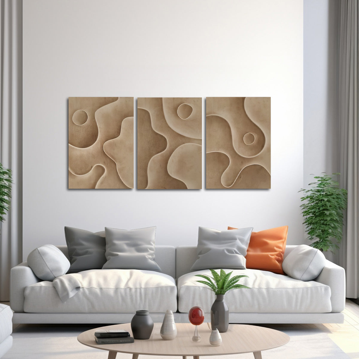“Earth Harmony” – 3-Panel Abstract Beige Metal Wall Art