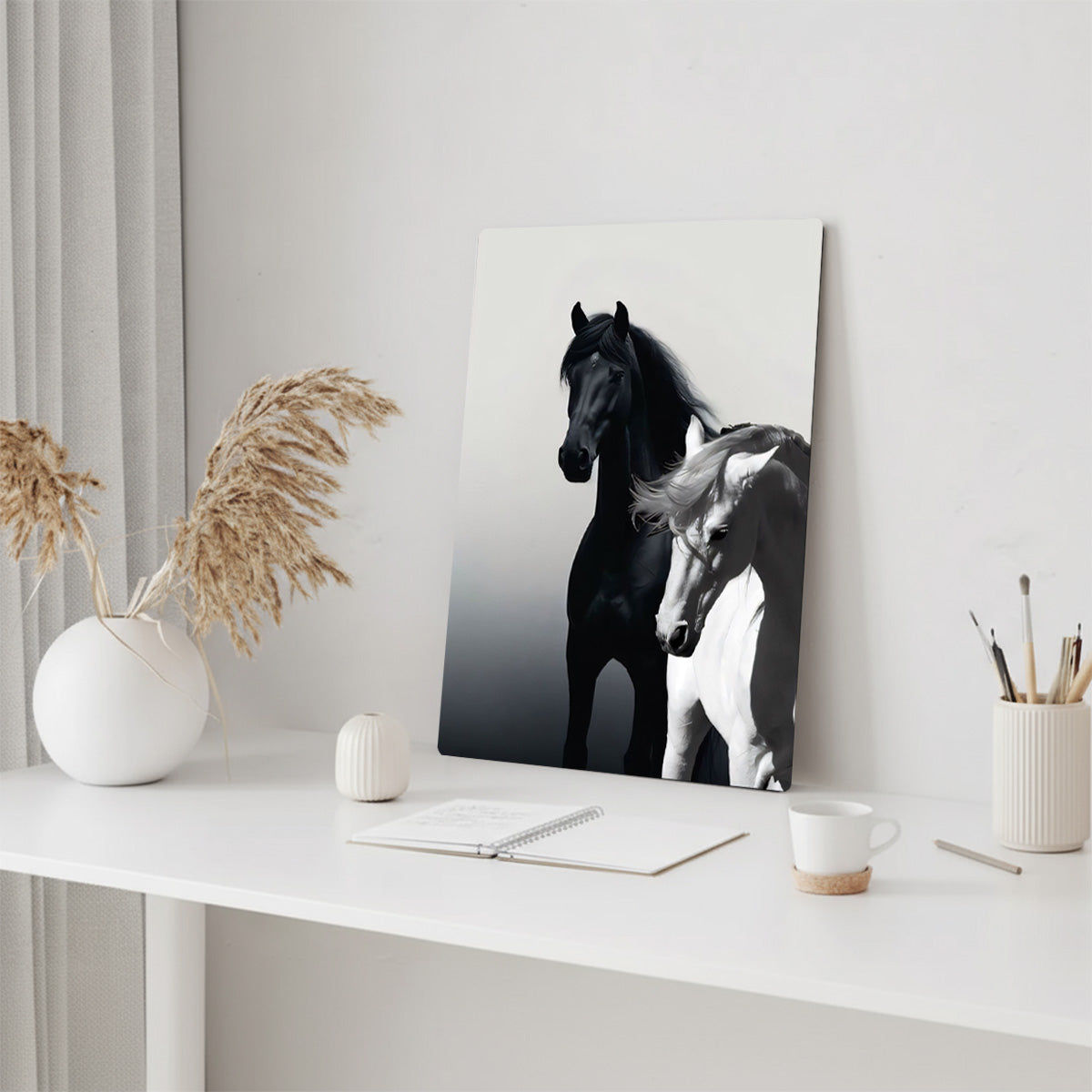 “Harmony of Strength” – Black & White Horses Metal  Wall Art