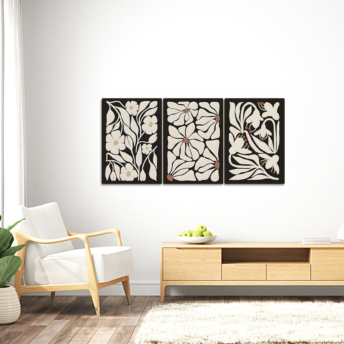 “Modern Floral Bliss” – 3-Panel Nature-Inspired Metal  Wall Art