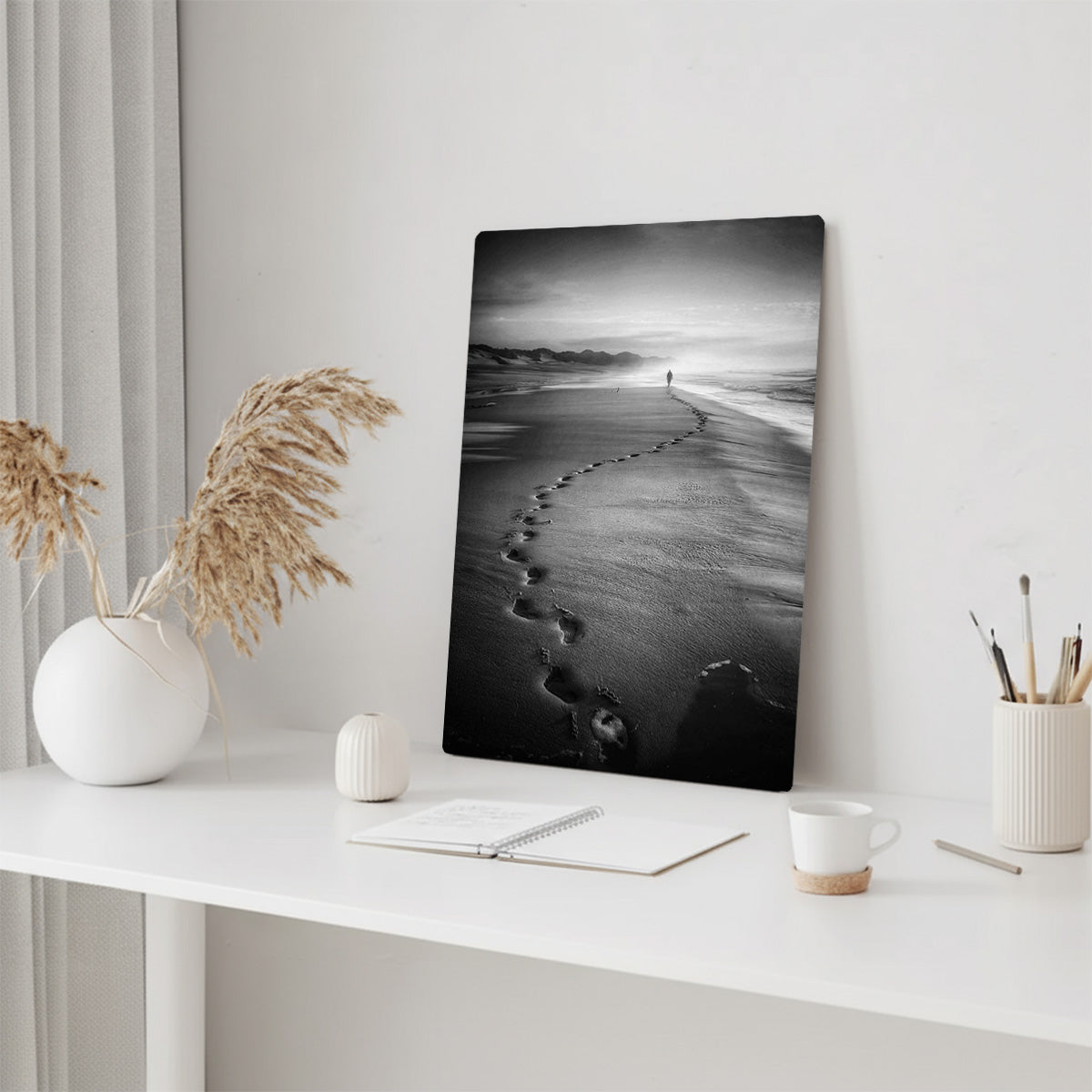 “Footprints in Time” – Black & White Beach Metal  Wall Art