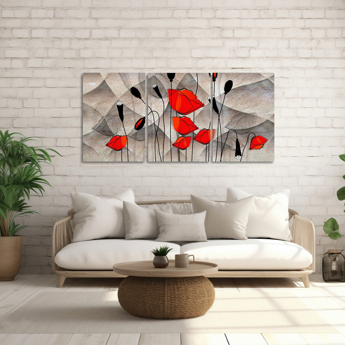 "Vibrant Poppies" – 3-Panel Metal Wall Art