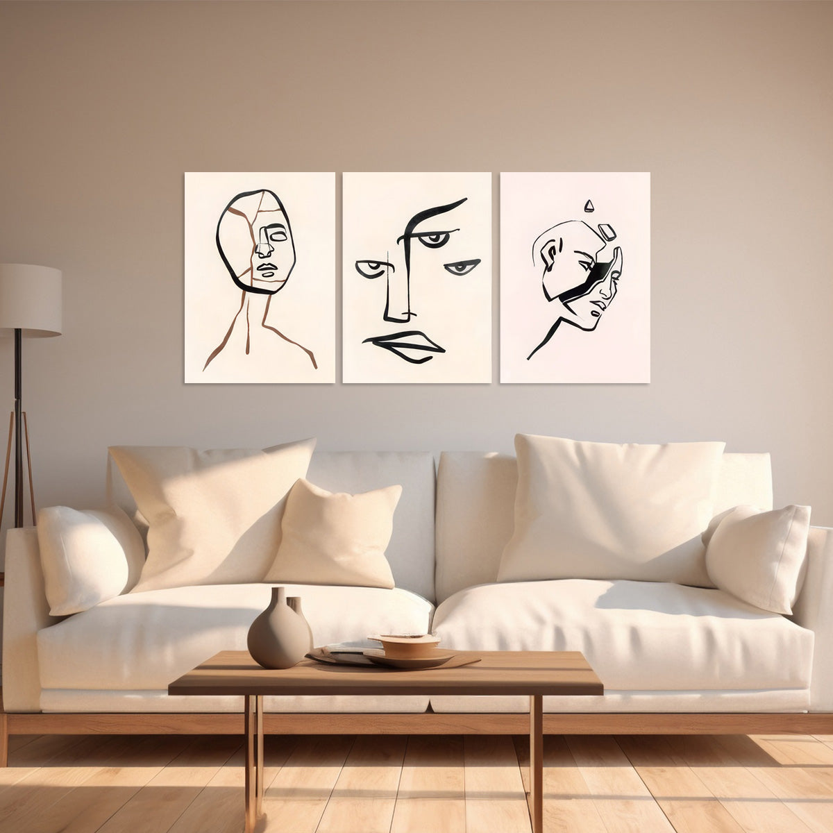 “Fractured Faces” – 3-Panel Abstract Line  Metal Wall Art