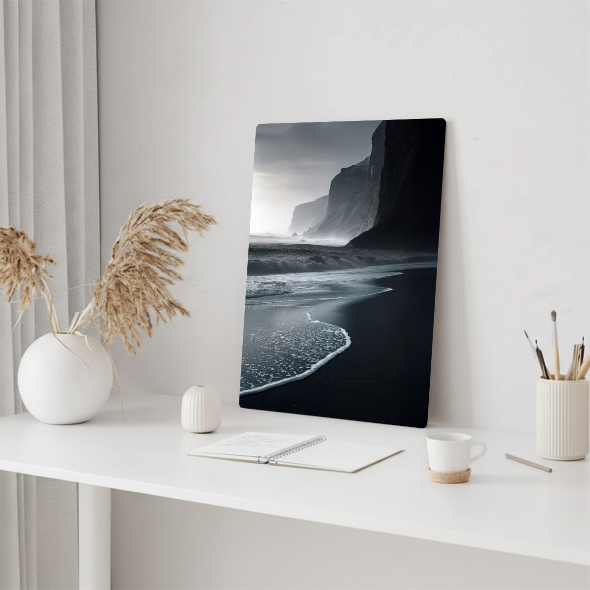 “Echoes of the Coast” – Misty Cliffside Beach Metal  Wall Art