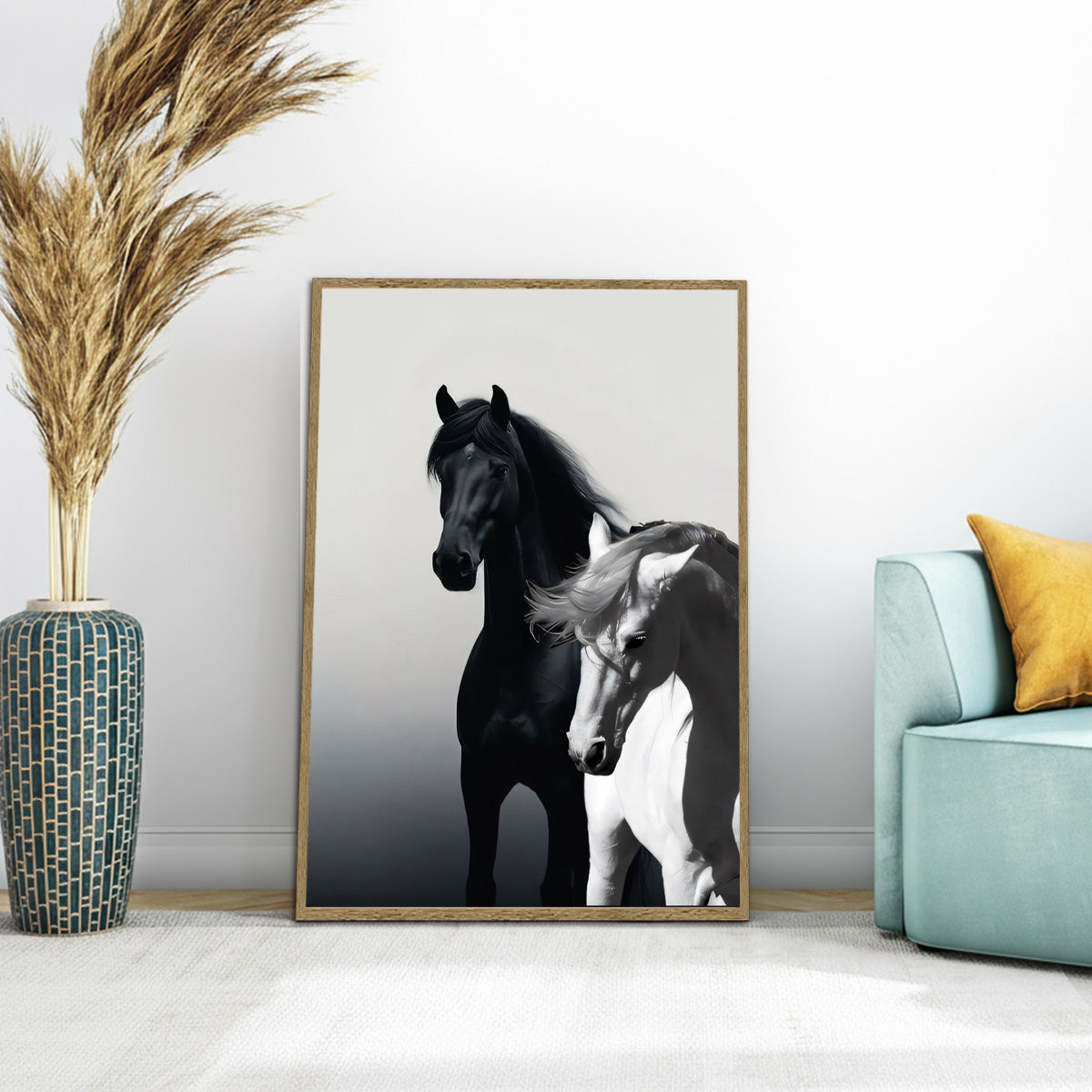 “Harmony of Strength” – Black & White Horses Metal  Wall Art