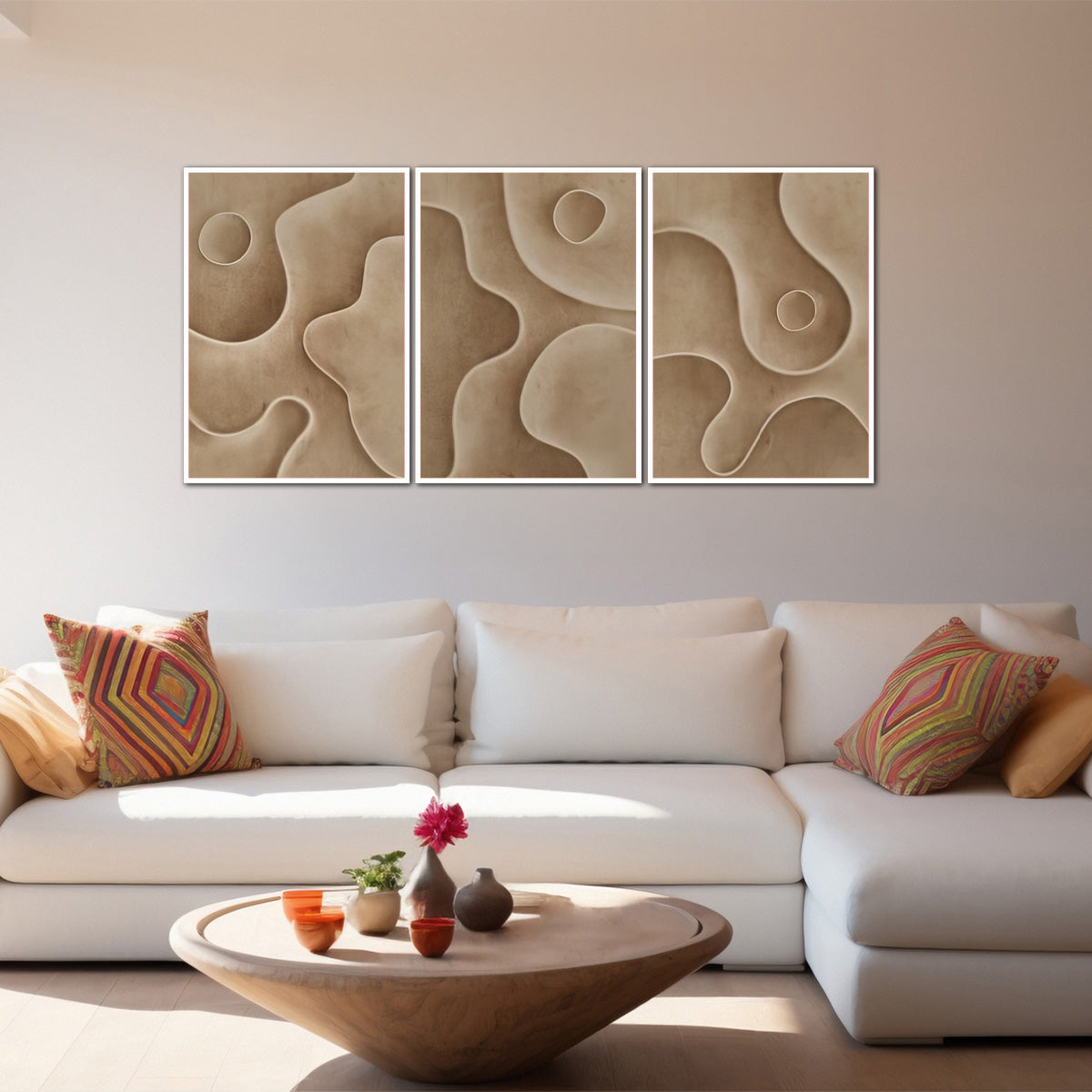 “Earth Harmony” – 3-Panel Abstract Beige Metal Wall Art