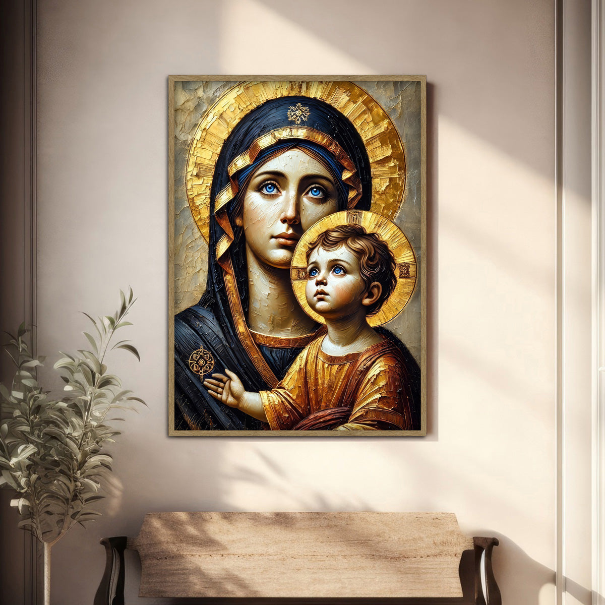 Golden Devotion – Mother Mary & Child Jesus Metal Wall Art
