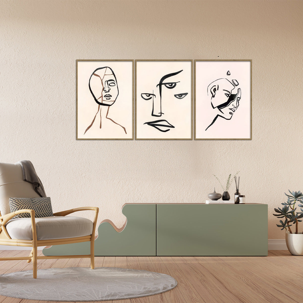 “Fractured Faces” – 3-Panel Abstract Line  Metal Wall Art
