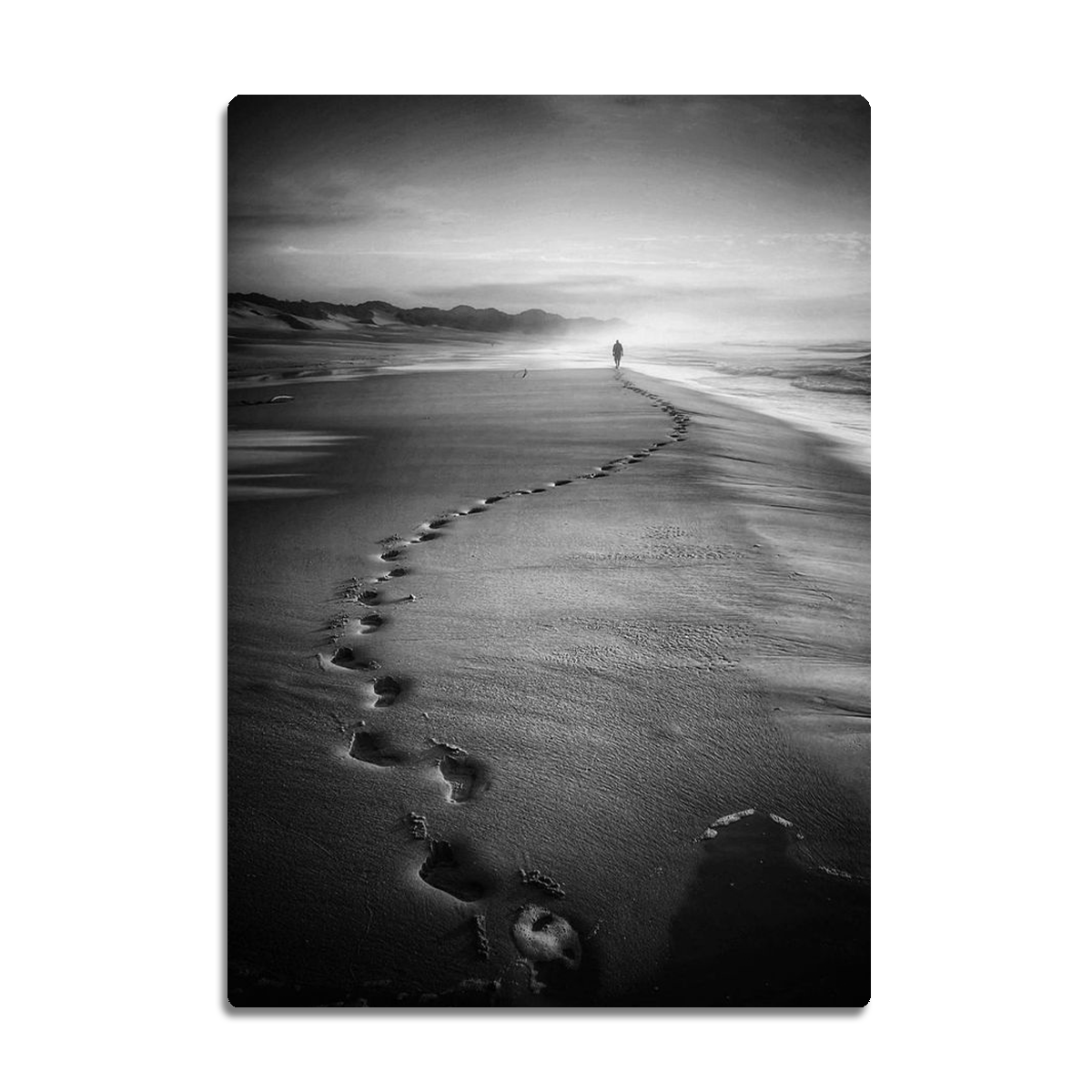 “Footprints in Time” – Black & White Beach Metal  Wall Art