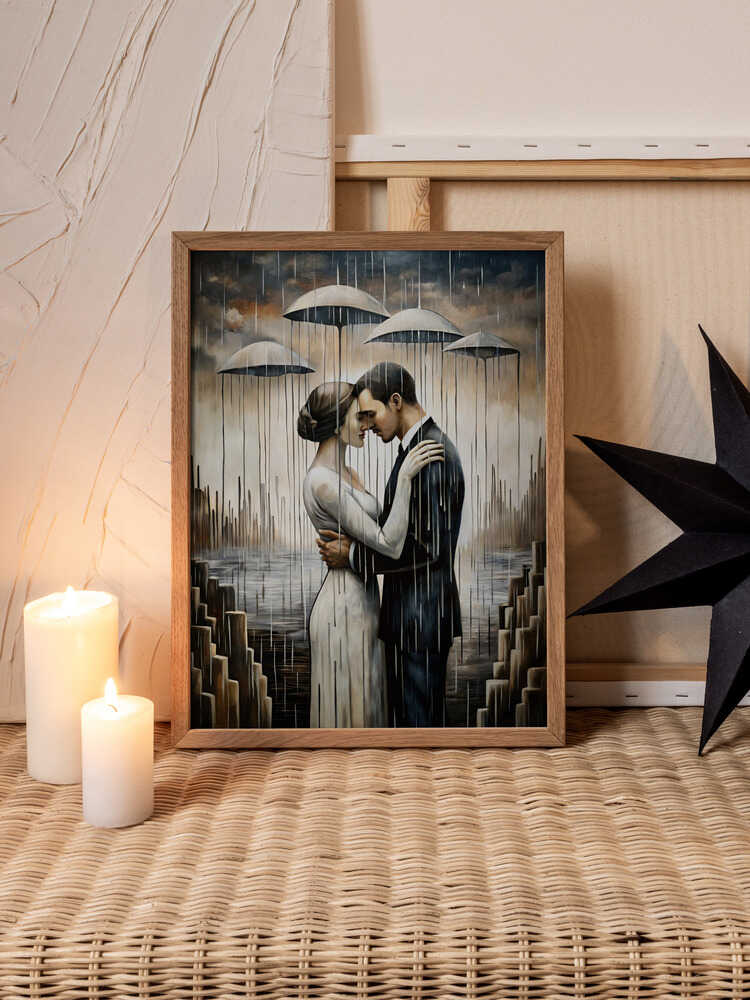 Romantic Embrace in the Rain Metal Wall Art
