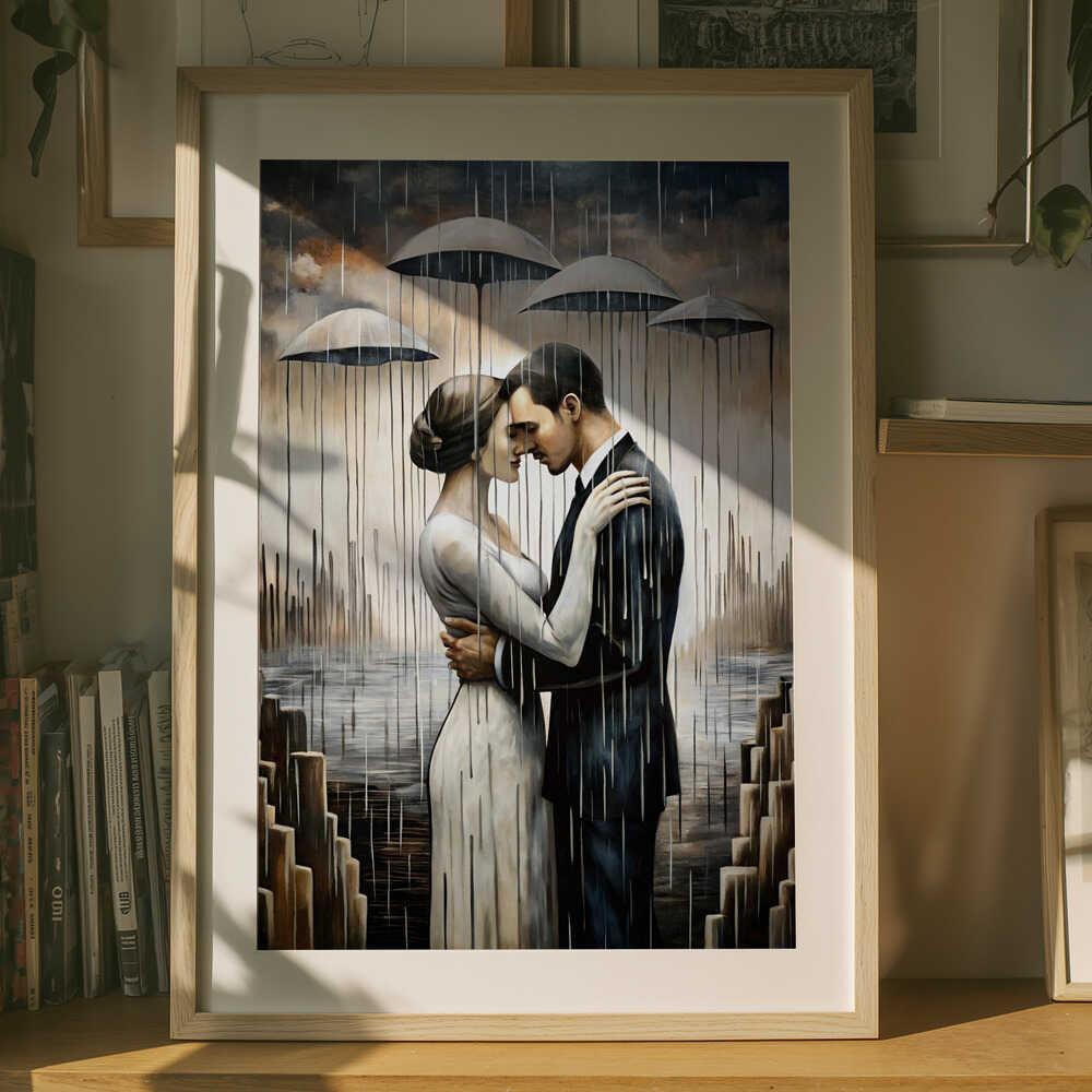 Romantic Embrace in the Rain Metal Wall Art