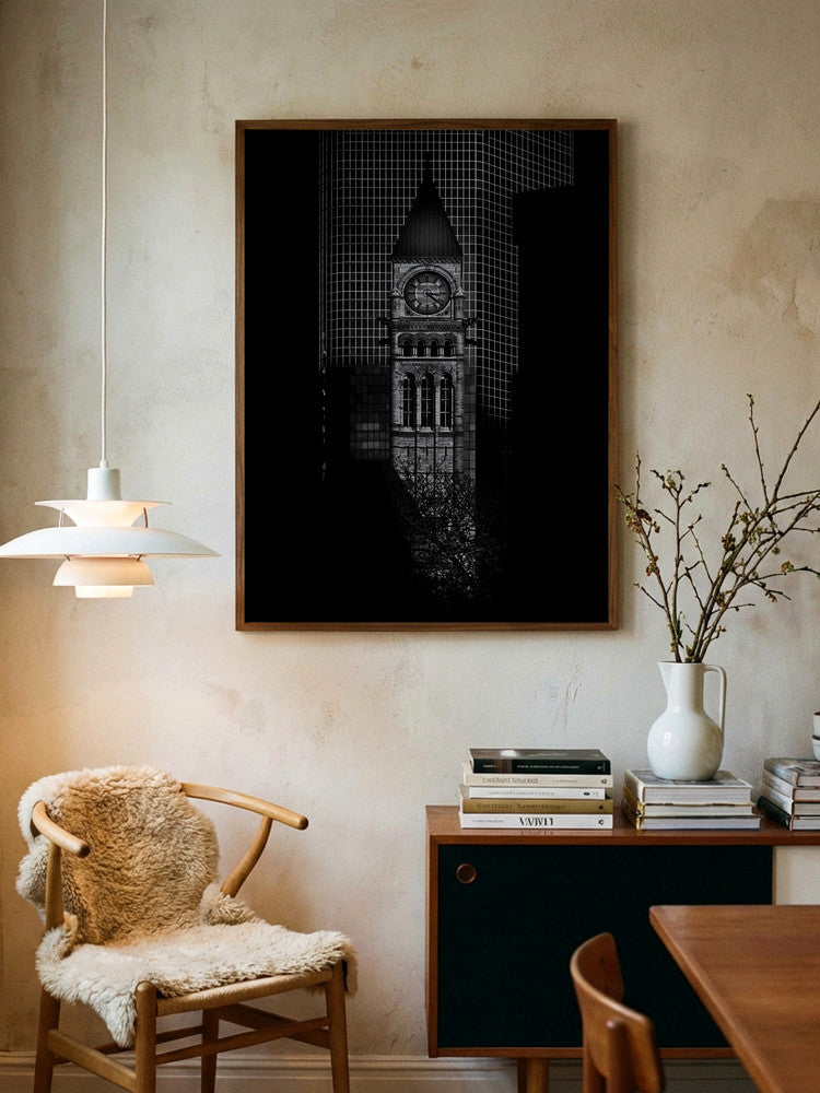 Midnight City Clock Tower Black and White  Metal Wall Art